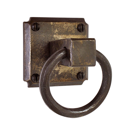 Hand Forged Iron Ring Pull with Notched Corner Escutcheon 